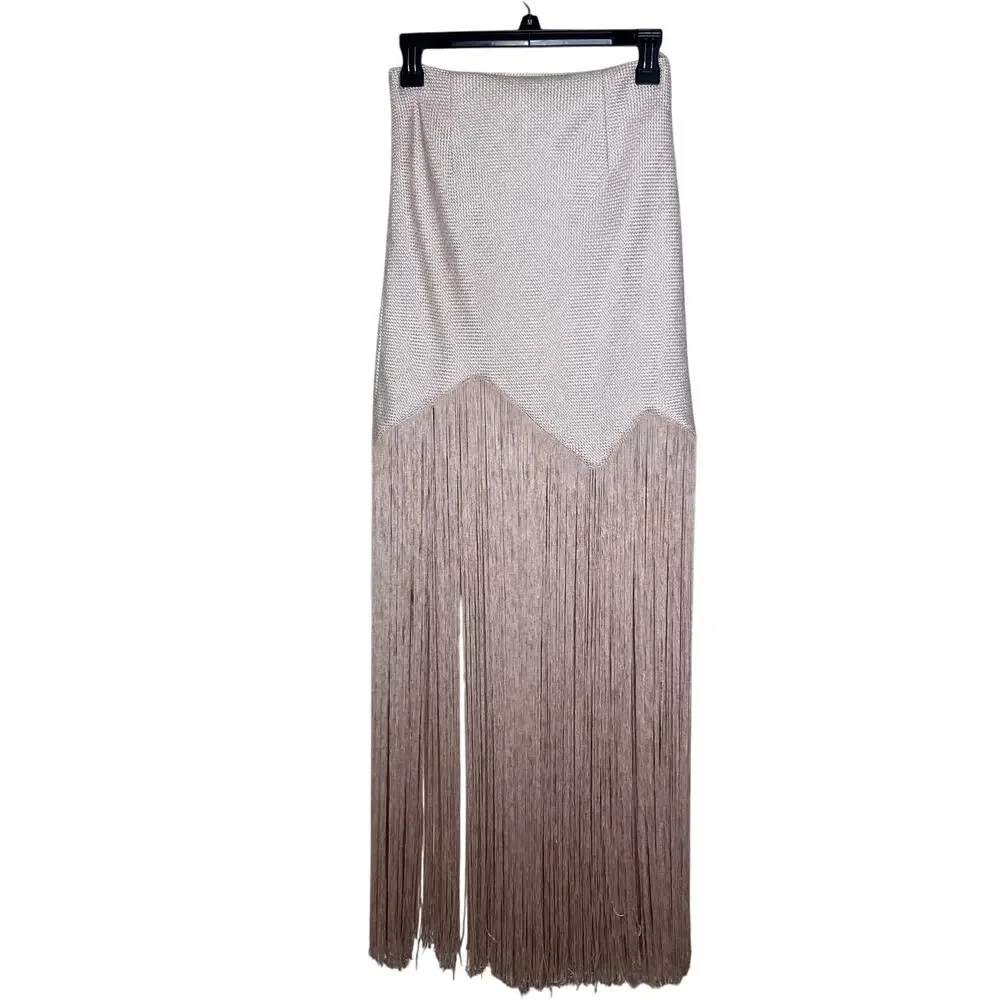 Asilio Gatsby Skirt 4 Maxi High Waist Fringe Slit Woven Beige Going Out Revolve - Picture 4 of 9